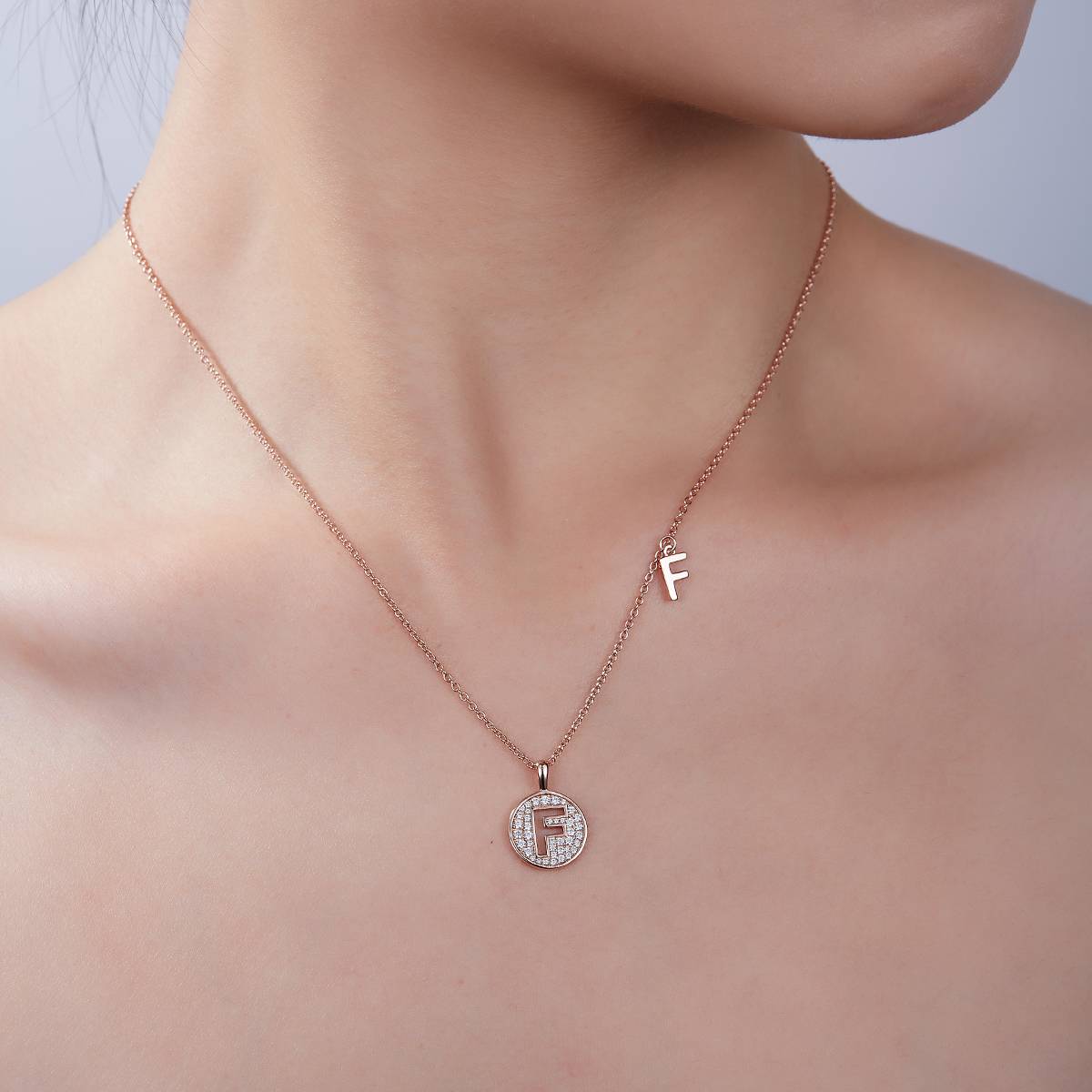 F pendant S925 silver plated rose gold Moissanite light luxury letter necklace